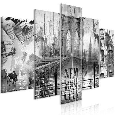 Πίνακας ζε καμβά - New York City Collage (5 Parts) Wide Black and White