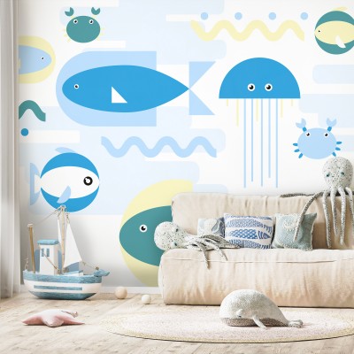 Φωτοταπετσαρία - Animals in the sea - geometric blue fish in water for kids