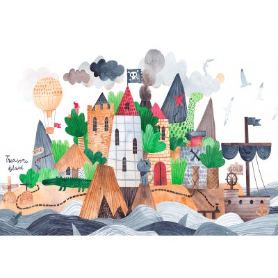 Φωτοταπετσαρία - A colourful treasure island with a castle - a pirate ship at sea for children