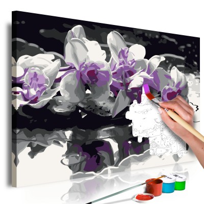 Πίνακας αυτοζωγραφικής - Purple Orchid (Black Background & Reflection In The Water)