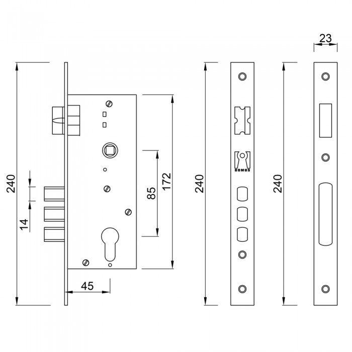 Κλειδαριά Ασφαλείας Domus Τρίαινα Κυλίνδρου Χρυσή Ορείχαλκος 45-85 Τετράγωνη 9054C