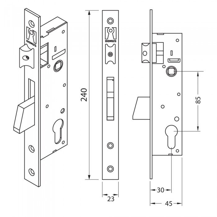 Κλειδαριά μαχαιρωτή για πόρτα Αλουμινίου Χωρίς αφαλό Χωνευτή Domus 91430T