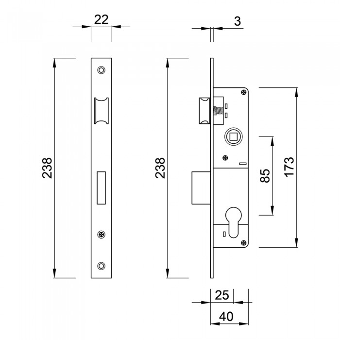Κλειδαριά Γλώσσας για Σιδηρόπορτες Χωρίς Κύλινδρο Χωνευτή με κέντρο 25-85mm Νίκελ MARTIN MR.06525