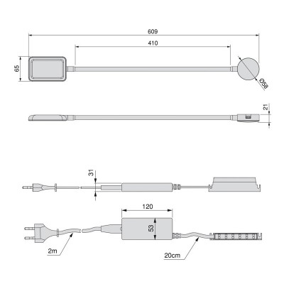 Εύκαμπτο Φωτιστικό (διαβάσματος) Kuma Square Emuca Μαύρο 5029417 με 2 ενσωμετωμένες θύρες USB και διακόπτη αφής (2 Λυχνίες και Μετασχηματιστής)