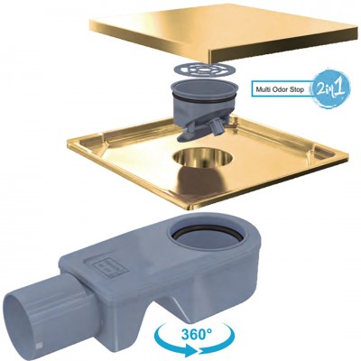 Σχάρα Ντους Ανοξείδωτη Δαπέδου 15x15cm Inox DU-699050 ΧΡΥΣΟ 304 & Σχάρα AISI 304 (Αναστρεφόμενη) με Πλευρική έξοδο Φ50 