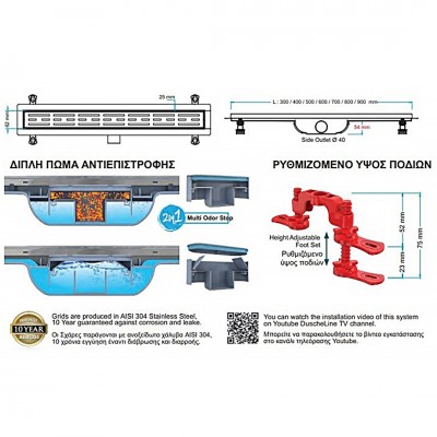 Κανάλι Ντουζιέρας με Aναστρεφόμενη Σχάρα SS 304 ΙΝΟΧ Μαύρο Ματ 40 cm  Με Πλαστικό Πλαίσιο 42 × 7 × 6 cm Oscar Vision DU-166340 DuscheLine