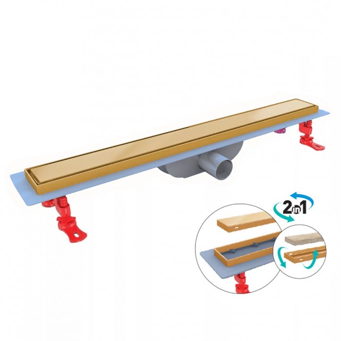 Κανάλι Ντουζιέρας με Aναστρεφόμενη Σχάρα SS 304 INOX Χρυσό Με Πλαστικό Πλαίσιο 60 × 6,20 × 5,40 cm Oscar Vision DU-166760 DuscheLine