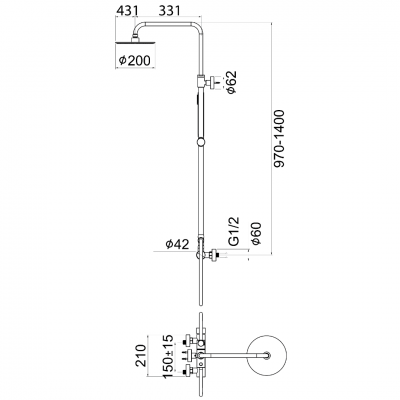 Μπαταρία Ντουζιέρας BRUSHED GOLD SLIM Κώδωνας,Ορειχάλκινη Βέργα, ART LINE 2 Ροών PRC MADE Interflex 087727