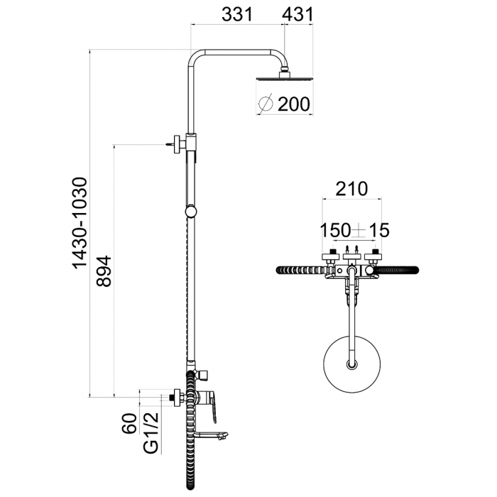 Μπαταρία Ντουζιέρας με Κολόνα Ντούζ 3 Εξόδων HERMES-SLIM ΧΡΩΜΕ Interflex 087819