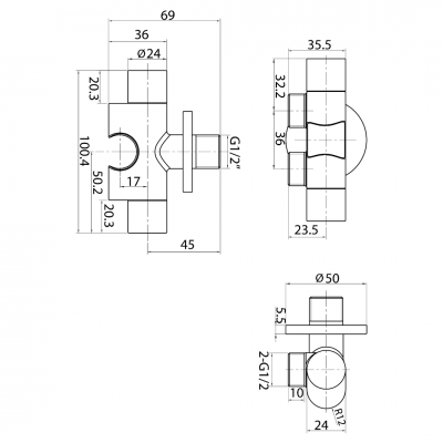Διακόπτης Μπιντέ Οριζόντιος 1/2'' με Στήριγμα Double Round Μαύρος 097661