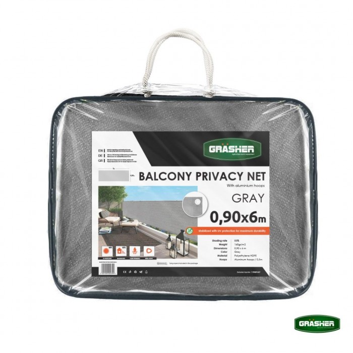 Διαχωριστικό Δίχτυ Μπαλκονιού 160gr/m² Γκρί 0.90 x 6m GRASHER Με Κρίκους 104001