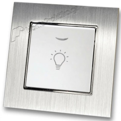 Μπουτόν Kλιμακοστασίου H series Λευκό με Λυχνία LED 220/240V και Πλαίσιο Ασημί Μεταλλικό LINEME 50-00107-1_50-00121-18