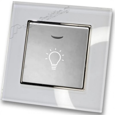 Μπουτόν Kλιμακοστασίου H series Ασημί με Λυχνία LED 220/240V και Πλαίσιο Λευκό Γυαλί LINEME 50-00107-5_50-00121-23