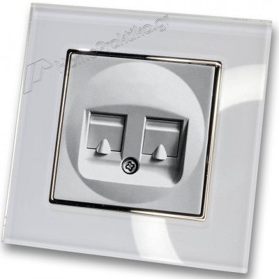 Πρίζα Τηλεφώνου με Πλαίσιο Διπλή σε Ασημί Ματ Χρώμα και Πλαίσιο Λευκό Γυαλί HSERIES LINEME 50-00119-5_50-00121-23