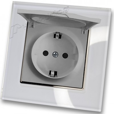 Πρίζα Ρεύματος Ασφαλείας με Καπάκι Ασημί Ματ Μονή Χωνευτή 16A 250V και Πλαίσιο Λευκό Γυαλί HSERIES LINEME 50-00114-5_50-00121-23