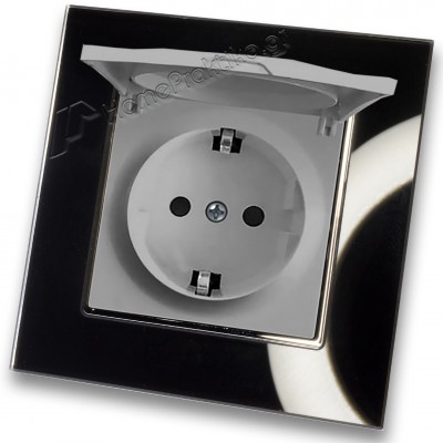 Πρίζα Ρεύματος Ασφαλείας με Καπάκι Ασημί Ματ Μονή Χωνευτή 16A 250V και Πλαίσιο Μαύρο Γυαλί HSERIES LINEME 50-00114-5_50-00121-26