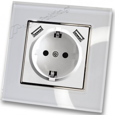 Πρίζα Σούκο Χωνευτή Τοίχου με 2 Θύρες USB 5.1VDC/2.1A σε Λευκό Ματ Χρώμα και Πλαίσιο Λευκό Γυαλί HSERIES LINEME 50-00133-1_50-00121-23