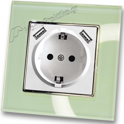 Πρίζα Σούκο Χωνευτή Τοίχου με 2 Θύρες USB 5.1VDC/2.1A σε Λευκό Ματ Χρώμα και Πλαίσιο Βεραμάν Γυαλί HSERIES LINEME 50-00133-1_50-00121-24