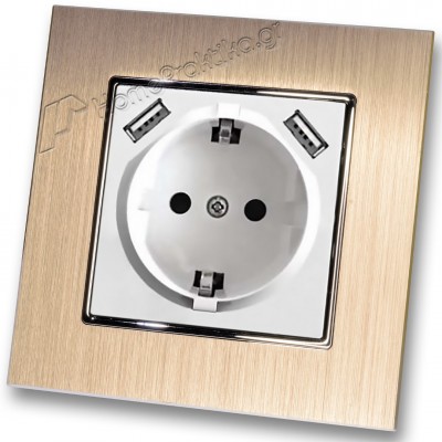 Πρίζα Σούκο Χωνευτή Τοίχου με 2 Θύρες USB 5.1VDC/2.1A σε Λευκό Ματ Χρώμα και Πλαίσιο Σαμπανιζέ Μεταλλικό HSERIES LINEME 50-00133-1_50-00121-25