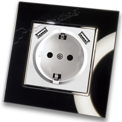 Πρίζα Σούκο Χωνευτή Τοίχου με 2 Θύρες USB 5.1VDC/2.1A σε Λευκό Ματ Χρώμα και Πλαίσιο Μαύρο Γυαλί HSERIES LINEME 50-00133-1_50-00121-26