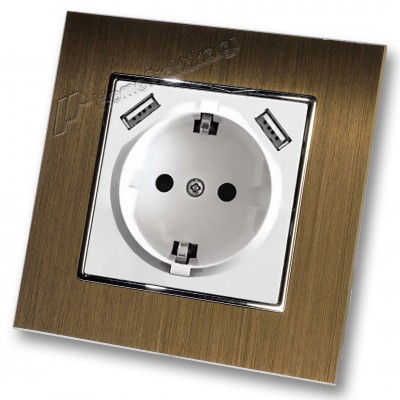 Πρίζα Σούκο Χωνευτή Τοίχου με 2 Θύρες USB 5.1VDC/2.1A σε Λευκό Ματ Χρώμα και Πλαίσιο Χρυσό Μεταλλικό HSERIES LINEME 50-00133-1_50-00121-6