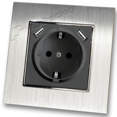 Πρίζα Σούκο Χωνευτή Τοίχου με 2 Θύρες USB 5.1VDC/2.1A σε Μαύρο Ματ Χρώμα και Πλαίσιο Ασημί Μεταλλικό HSERIES LINEME 50-00133-2_50-00121-18
