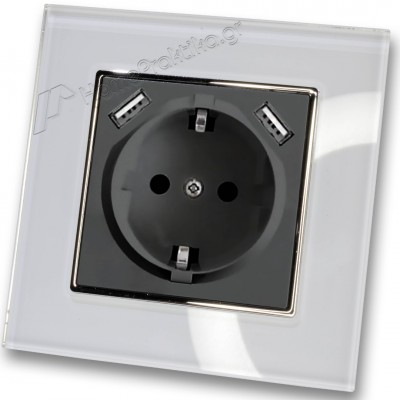 Πρίζα Σούκο Χωνευτή Τοίχου με 2 Θύρες USB 5.1VDC/2.1A σε Μαύρο Ματ Χρώμα και Πλαίσιο Λευκό Γυαλί HSERIES LINEME 50-00133-2_50-00121-23