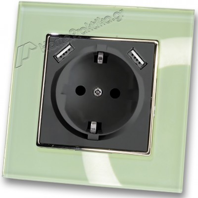 Πρίζα Σούκο Χωνευτή Τοίχου με 2 Θύρες USB 5.1VDC/2.1A σε Μαύρο Ματ Χρώμα και Πλαίσιο Βεραμάν Γυαλί HSERIES LINEME 50-00133-2_50-00121-24