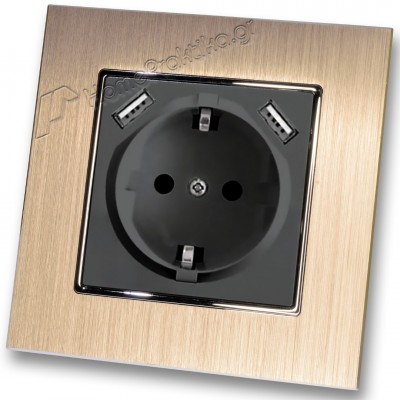 Πρίζα Σούκο Χωνευτή Τοίχου με 2 Θύρες USB 5.1VDC/2.1A σε Μαύρο Ματ Χρώμα και Πλαίσιο Σαμπανιζέ Μεταλλικό HSERIES LINEME 50-00133-2_50-00121-25