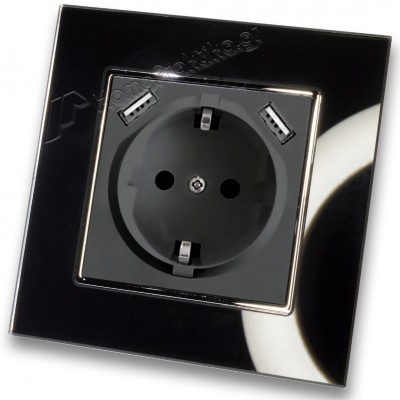 Πρίζα Σούκο Χωνευτή Τοίχου με 2 Θύρες USB 5.1VDC/2.1A σε Μαύρο Ματ Χρώμα και Πλαίσιο Μαύρο Γυαλί HSERIES LINEME 50-00133-2_50-00121-26