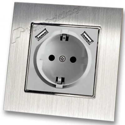 Πρίζα Σούκο Χωνευτή Τοίχου με 2 Θύρες USB 5.1VDC/2.1A σε Ασημί Ματ Χρώμα και Πλαίσιο Ασημί Μεταλλικό HSERIES LINEME 50-00133-5_50-00121-18