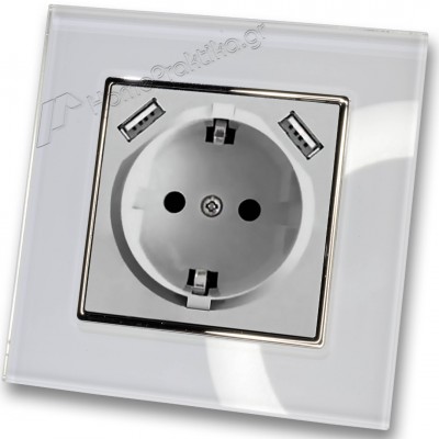 Πρίζα Σούκο Χωνευτή Τοίχου με 2 Θύρες USB 5.1VDC/2.1A σε Ασημί Ματ Χρώμα και Πλαίσιο Λευκό Γυαλί HSERIES LINEME 50-00133-5_50-00121-23