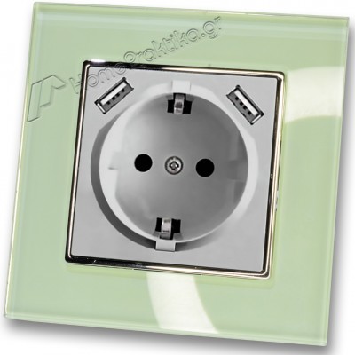 Πρίζα Σούκο Χωνευτή Τοίχου με 2 Θύρες USB 5.1VDC/2.1A σε Ασημί Ματ Χρώμα και Πλαίσιο Βεραμάν Γυαλί HSERIES LINEME 50-00133-5_50-00121-24