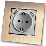 Πρίζα Σούκο Χωνευτή Τοίχου με 2 Θύρες USB 5.1VDC/2.1A σε Ασημί Ματ Χρώμα και Πλαίσιο Σαμπανιζέ Μεταλλικό HSERIES LINEME 50-00133-5_50-00121-25
