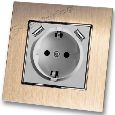 Πρίζα Σούκο Χωνευτή Τοίχου με 2 Θύρες USB 5.1VDC/2.1A σε Ασημί Ματ Χρώμα και Πλαίσιο Σαμπανιζέ Μεταλλικό HSERIES LINEME 50-00133-5_50-00121-25
