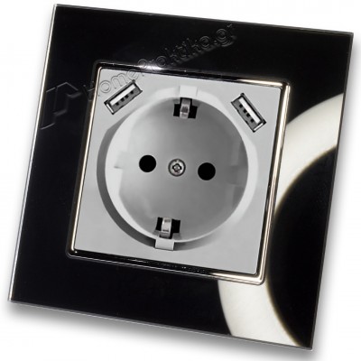 Πρίζα Σούκο Χωνευτή Τοίχου με 2 Θύρες USB 5.1VDC/2.1A σε Ασημί Ματ Χρώμα και Πλαίσιο Μαύρο Γυαλί HSERIES LINEME 50-00133-5_50-00121-26