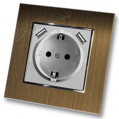 Πρίζα Σούκο Χωνευτή Τοίχου με 2 Θύρες USB 5.1VDC/2.1A σε Ασημί Ματ Χρώμα και Πλαίσιο Χρυσό Μεταλλικό HSERIES LINEME 50-00133-5_50-00121-6