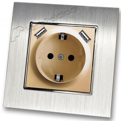 Πρίζα Σούκο Χωνευτή Τοίχου με 2 Θύρες USB 5.1VDC/2.1A σε Χρυσό Ματ Χρώμα και Πλαίσιο Ασημί Μεταλλικό HSERIES LINEME 50-00133-9_50-00121-18
