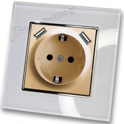 Πρίζα Σούκο Χωνευτή Τοίχου με 2 Θύρες USB 5.1VDC/2.1A σε Χρυσό Ματ Χρώμα και Πλαίσιο Λευκό Γυαλί HSERIES LINEME 50-00133-9_50-00121-23