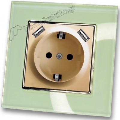 Πρίζα Σούκο Χωνευτή Τοίχου με 2 Θύρες USB 5.1VDC/2.1A σε Χρυσό Ματ Χρώμα και Πλαίσιο Βεραμάν Γυαλί HSERIES LINEME 50-00133-9_50-00121-24