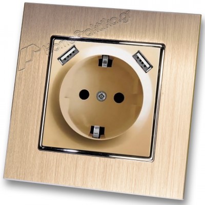 Πρίζα Σούκο Χωνευτή Τοίχου με 2 Θύρες USB 5.1VDC/2.1A σε Χρυσό Ματ Χρώμα και Πλαίσιο Σαμπανιζέ Μεταλλικό HSERIES LINEME 50-00133-9_50-00121-25