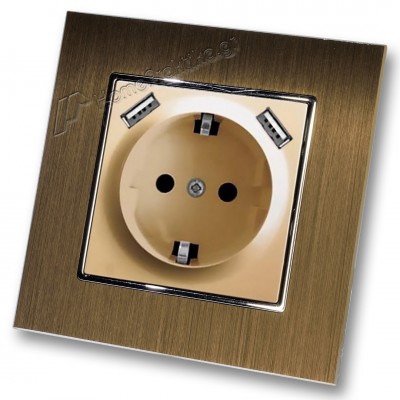 Πρίζα Σούκο Χωνευτή Τοίχου με 2 Θύρες USB 5.1VDC/2.1A σε Χρυσό Ματ Χρώμα και Πλαίσιο Χρυσό Μεταλλικό HSERIES LINEME 50-00133-9_50-00121-6