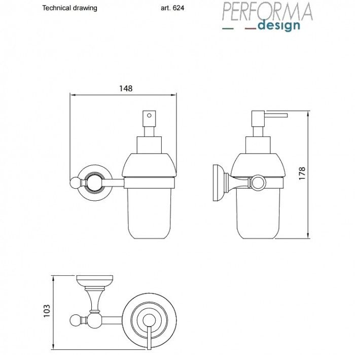 Επιτοίχιος Διανομέας Υγρού Σαπουνιού 125ml Black Matt με Λευκό Μπουκάλι Πορσελάνης 9306-624-400 Performa Victoria