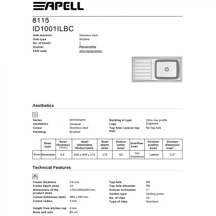Ανοξείδωτος Nεροχύτης Apell Anniversario 100 x 50 Inox Λείο 8115-110