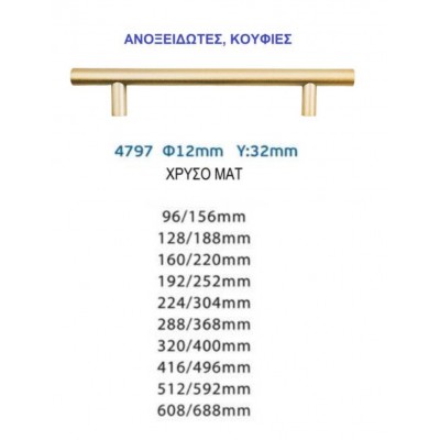 Λαβή Eπίπλων Ανοξείδωτη 4797 Ø12 Χρυσό Ματ 96mm Import Hellas