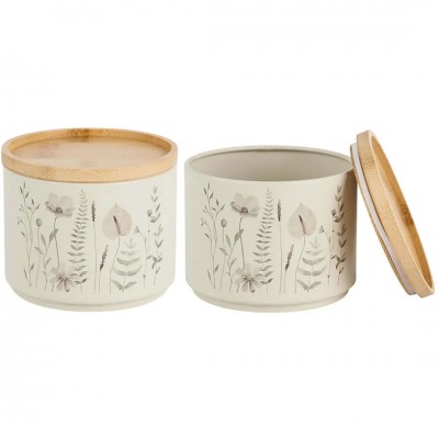 Σετ Βάζα Αποθήκευσης (Σετ 2Τμχ) Beige Μεταλλικά 11,3x11,3x9,6cm με Μπαμπού Καπάκι Ankor 845293