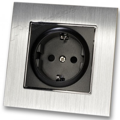 Πρίζα Σούκο Ασφαλείας Μαύρη 16A/250V Χωνευτή με Πλαίσιο Ασημί Μεταλλικό HSERIES LINEME 50-00113-2_50-00121-18