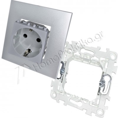 Πρίζα Σούκο Ασφαλείας 16Α 250V Ασημί με Στήριγμα Διπλό 2Μ και Πλαίσιο 2 Θέσεων 2Μ Ασημί INO-Series LINEME 50-00413-10_50-01400-1_50-00421-10