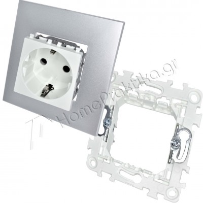 Πρίζα Σούκο Ασφαλείας 16Α 250V Λευκή με Στήριγμα Διπλό 2Μ και Πλαίσιο 2 Θέσεων 2Μ Ασημί INO-Series LINEME 50-00413-1_50-01400-1_50-00421-10