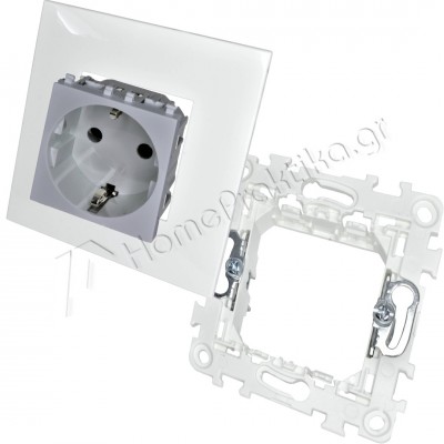 Πρίζα Σούκο Ασφαλείας 16Α 250V Ασημί με Στήριγμα Διπλό 2Μ και Πλαίσιο 2 Θέσεων 2Μ Λευκό INO-Series LINEME 50-00413-10_50-01400-1_50-00421-1